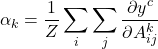 \[\alpha_k = \frac{1}{Z} \sum_i \sum_j \frac{\partial y^c}{\partial A^k_{ij}}\]