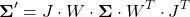 \[\boldsymbol{\Sigma}' = J \cdot W \cdot \boldsymbol{\Sigma} \cdot W^T \cdot J^T\]