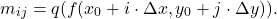 \[m_{ij} = q(f(x_0 + i \cdot \Delta x, y_0 + j \cdot \Delta y)).\]