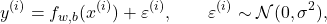 \[y^{(i)} = f_{w,b}(x^{(i)}) + \varepsilon^{(i)}, \qquad \varepsilon^{(i)} \sim \mathcal{N}(0, \sigma^2),\]