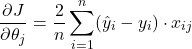 \[\frac{\partial J}{\partial \theta_j} = \frac{2}{n} \sum_{i=1}^{n} (\hat{y}_i - y_i) \cdot x_{ij}\]