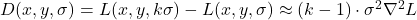 D(x, y, \sigma) = L(x, y, k\sigma) - L(x, y, \sigma) \approx (k - 1) \cdot \sigma^2 \nabla^2 L