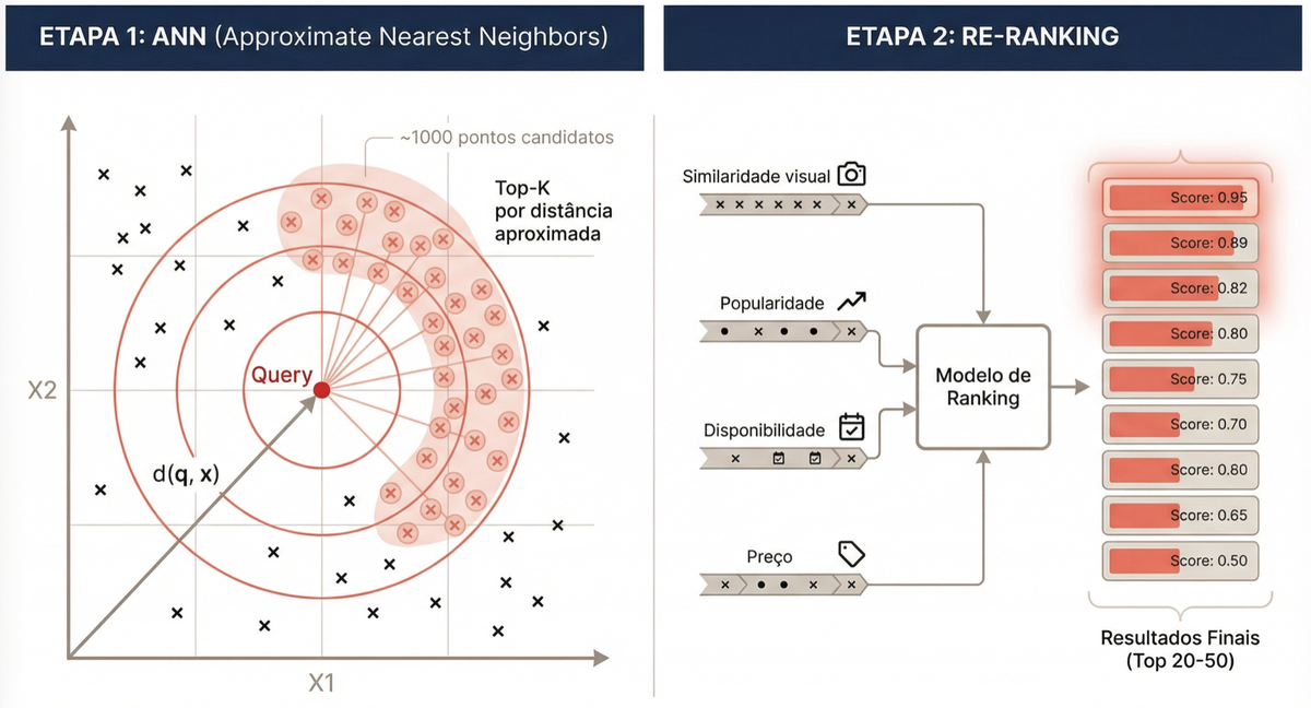 ANN para candidatos e re-ranking para precisão