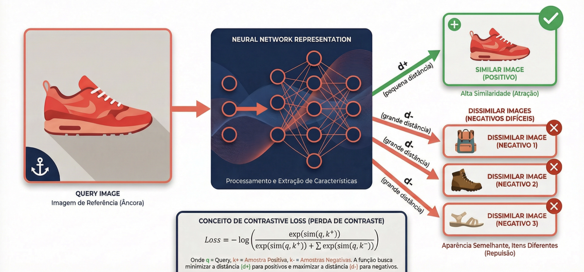 Contrastive loss: aproximar positivos, afastar negativos