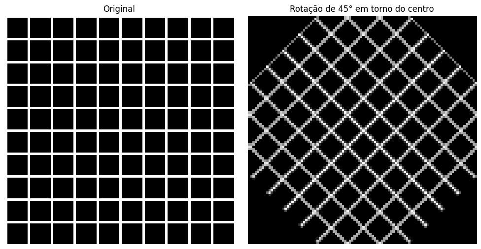 Comparação lado a lado entre imagem original e rotação de 45 graus em torno do centro usando composição de matrizes em Python