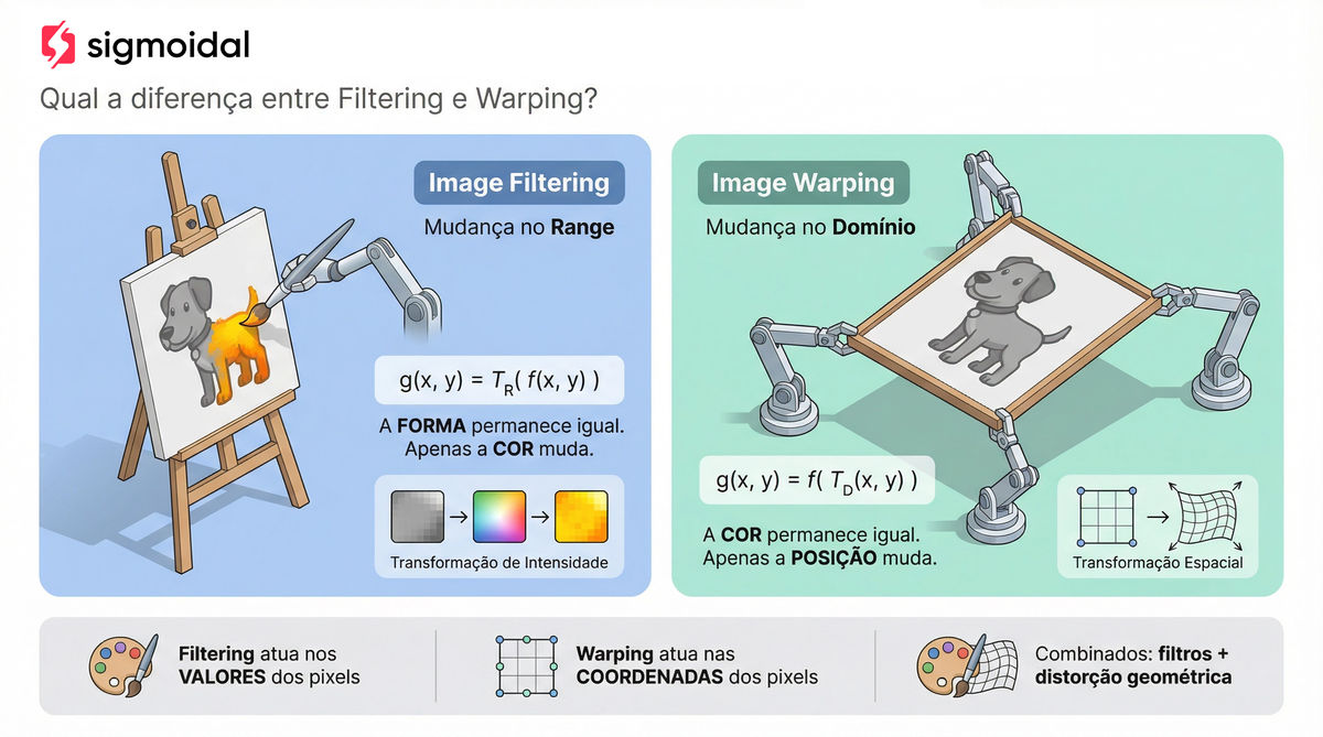 Infográfico comparando Image Filtering e Image Warping em visão computacional: filtering altera valores de intensidade no range da imagem enquanto warping altera coordenadas no domínio