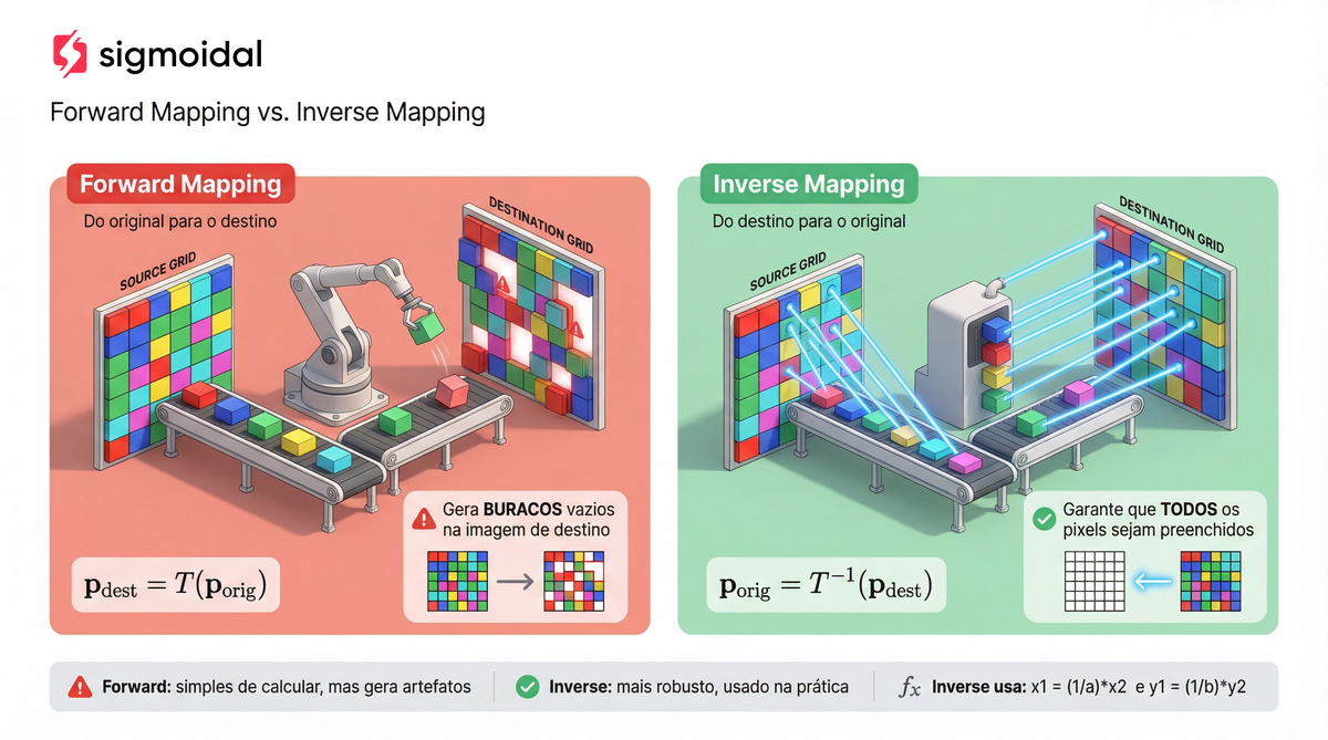 Infográfico comparando Forward Mapping e Inverse Mapping: o mapeamento direto gera buracos na imagem de destino enquanto o inverso garante que todos os pixels sejam preenchidos