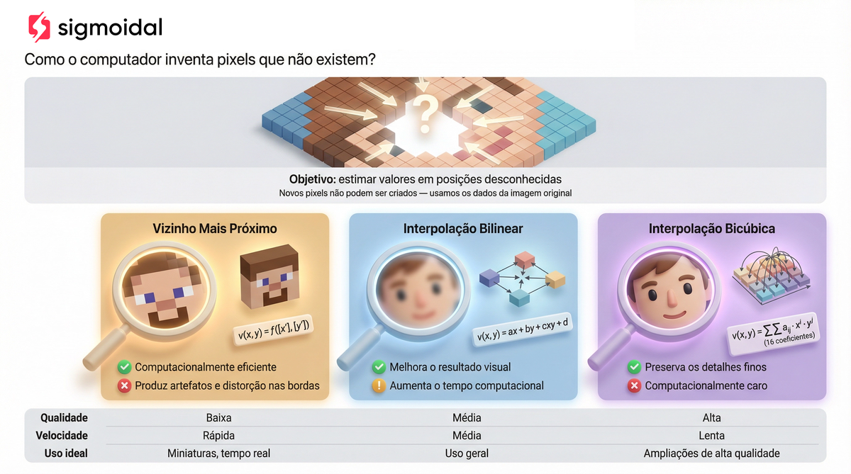 Infográfico comparando os três métodos de interpolação em processamento de imagens: vizinho mais próximo, bilinear e bicúbica, com suas fórmulas e trade-offs de qualidade versus velocidade