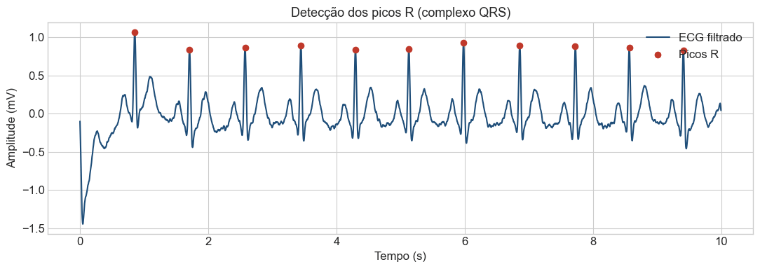 ECG filtrado com os picos R marcados sobre cada complexo QRS
