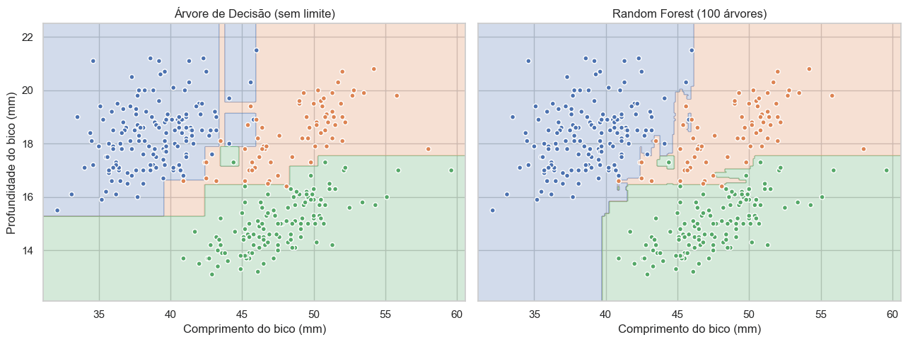 Comparação das fronteiras de decisão entre uma árvore única e um Random Forest
