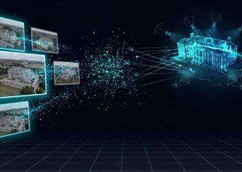 Conceptual 3D reconstruction pipeline connecting photographs, estimated camera poses, and a sparse point cloud