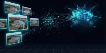 Conceptual 3D reconstruction pipeline connecting photographs, estimated camera poses, and a sparse point cloud