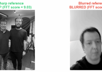 FFT blur detector classifying a sharp reference at 9.03 and a blurred reference at 2.30