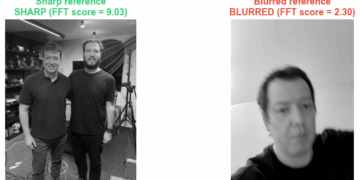 FFT blur detector classifying a sharp reference at 9.03 and a blurred reference at 2.30