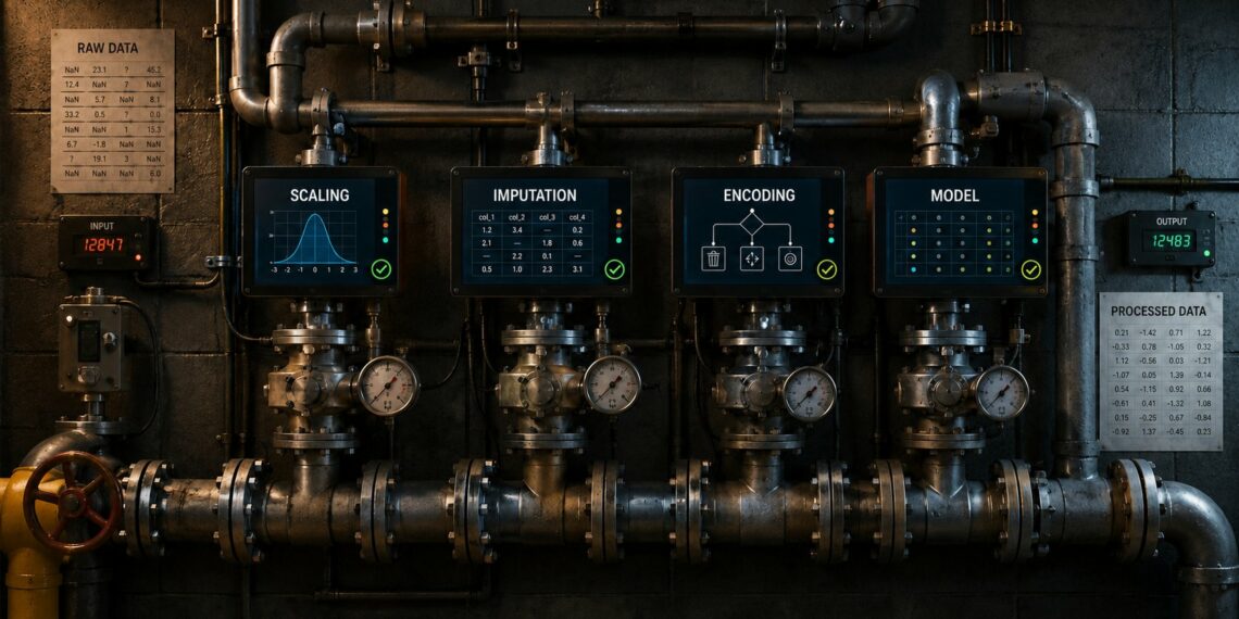 Industrial data pipeline with English-labeled stages for scaling, imputation, encoding, and modeling
