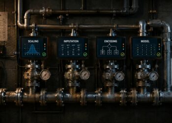 Industrial data pipeline with English-labeled stages for scaling, imputation, encoding, and modeling