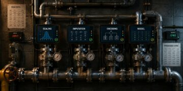 Industrial data pipeline with English-labeled stages for scaling, imputation, encoding, and modeling