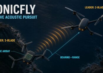 Follower drone using a four-microphone array to estimate bearing and range from the natural propeller sound of a leader drone