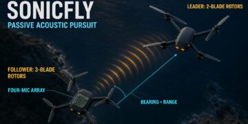 Follower drone using a four-microphone array to estimate bearing and range from the natural propeller sound of a leader drone