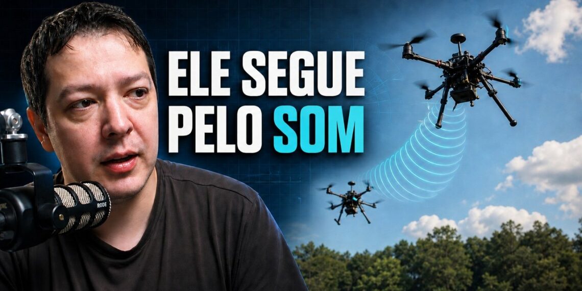 Carlos Melo diante de dois drones em voo e da frase Ele Segue pelo Som