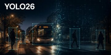 Cena urbana do YOLO26 com um ônibus e quatro pedestres delimitados por caixas únicas, em transição da imagem real para a detecção end-to-end