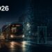 Urban YOLO26 scene with one bus and four pedestrians, each outlined once to represent end-to-end object detection