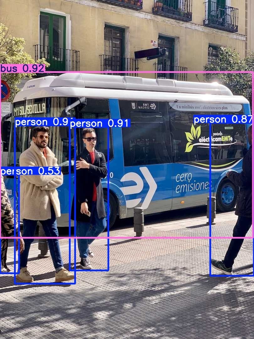 Resultado do YOLO26n na imagem oficial bus.jpg, com caixas sobre um ônibus e quatro pessoas