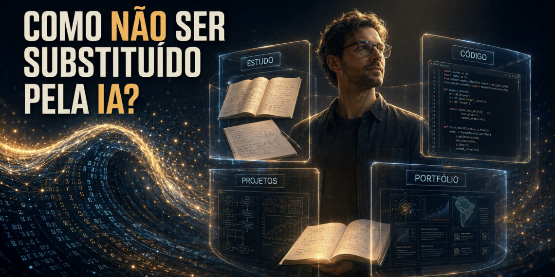 Cientista de dados protegido por estudo, código, projetos e portfólio diante de uma onda de inteligência artificial.