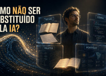 Cientista de dados protegido por estudo, código, projetos e portfólio diante de uma onda de inteligência artificial.