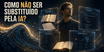 Cientista de dados protegido por estudo, código, projetos e portfólio diante de uma onda de inteligência artificial.