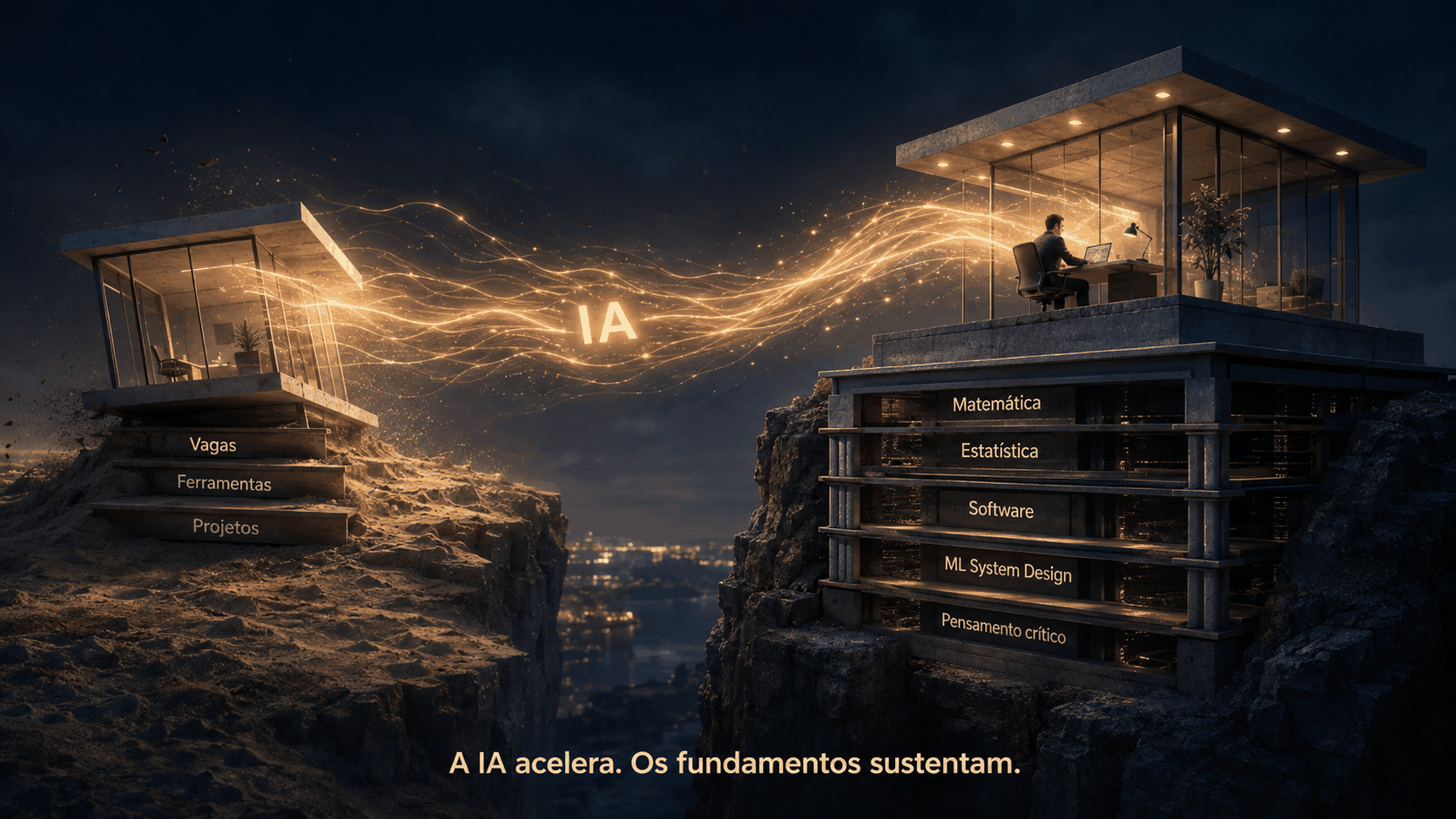 Duas estruturas profissionais atravessadas pela inteligência artificial: uma instável sobre vagas, ferramentas e projetos, e outra sustentada por matemática, estatística, software, ML System Design e pensamento crítico.