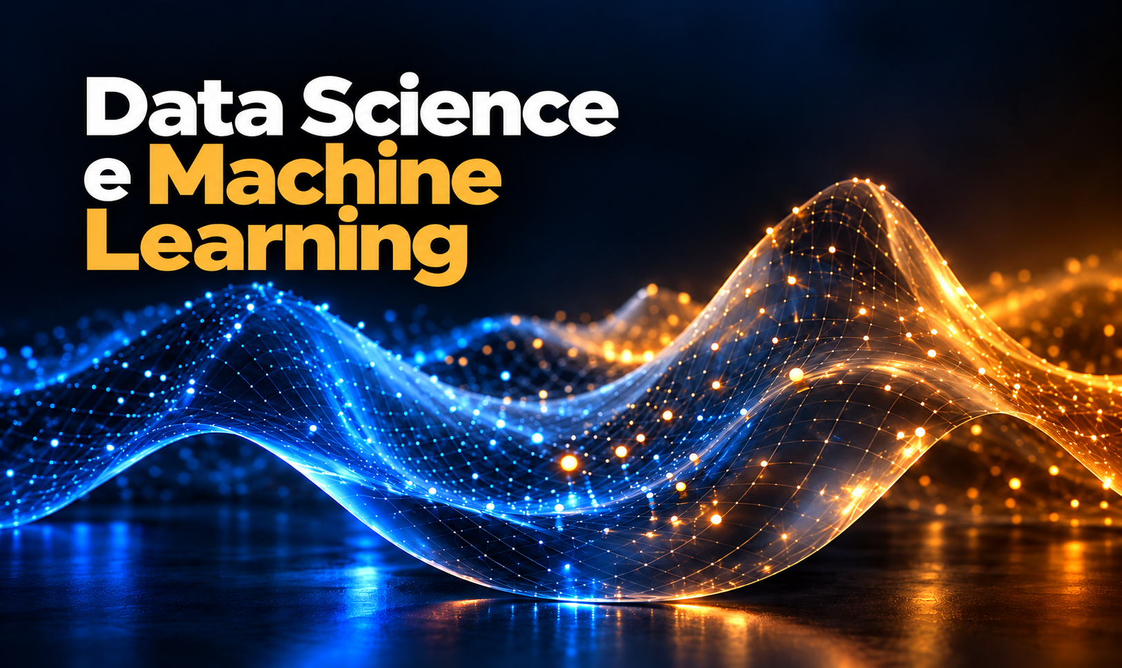 Data Science e Machine Learning — superfície matemática azul e âmbar