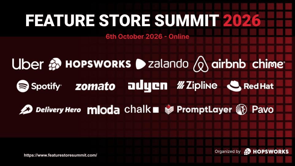 Official Feature Store Summit 2026 banner for the online event on October 6, with the logos of Uber, Spotify, Airbnb, Adyen, Zomato, Zalando, Red Hat, and other participating companies.